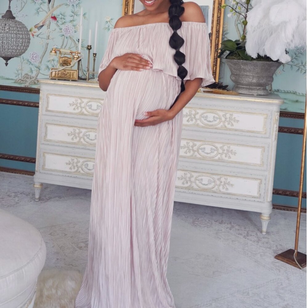 Chic Bump Club Maternity Pink Metallic Pleated Off Shoulder Flowy Maxi Dress M